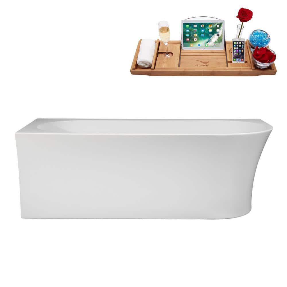 Streamline 67 in. x 30 in. Acrylic Freestanding Soaking Bathtub in Glossy White with Matte Black Drain, Bamboo Tray (1)