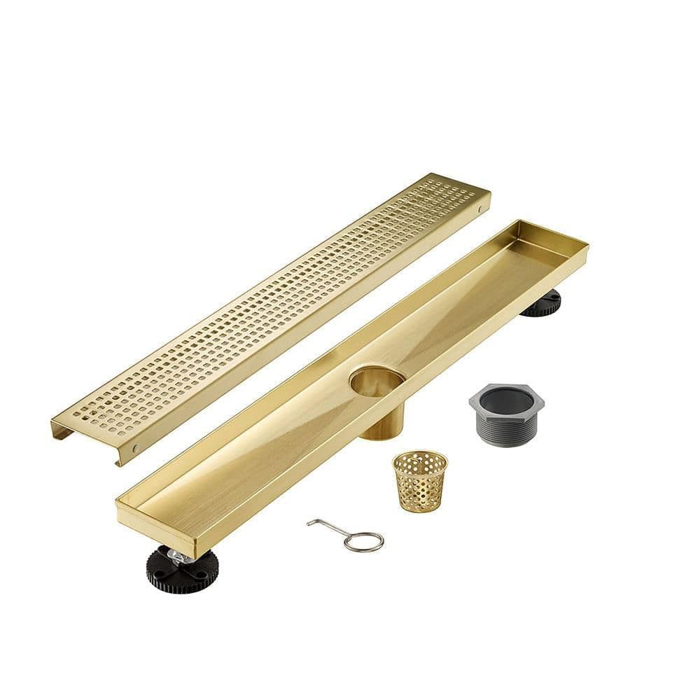 Elegante Drain Collection 32 in. Linear Stainless Steel Shower Drain with Square Hole Pattern and Zirconium Gold Plating