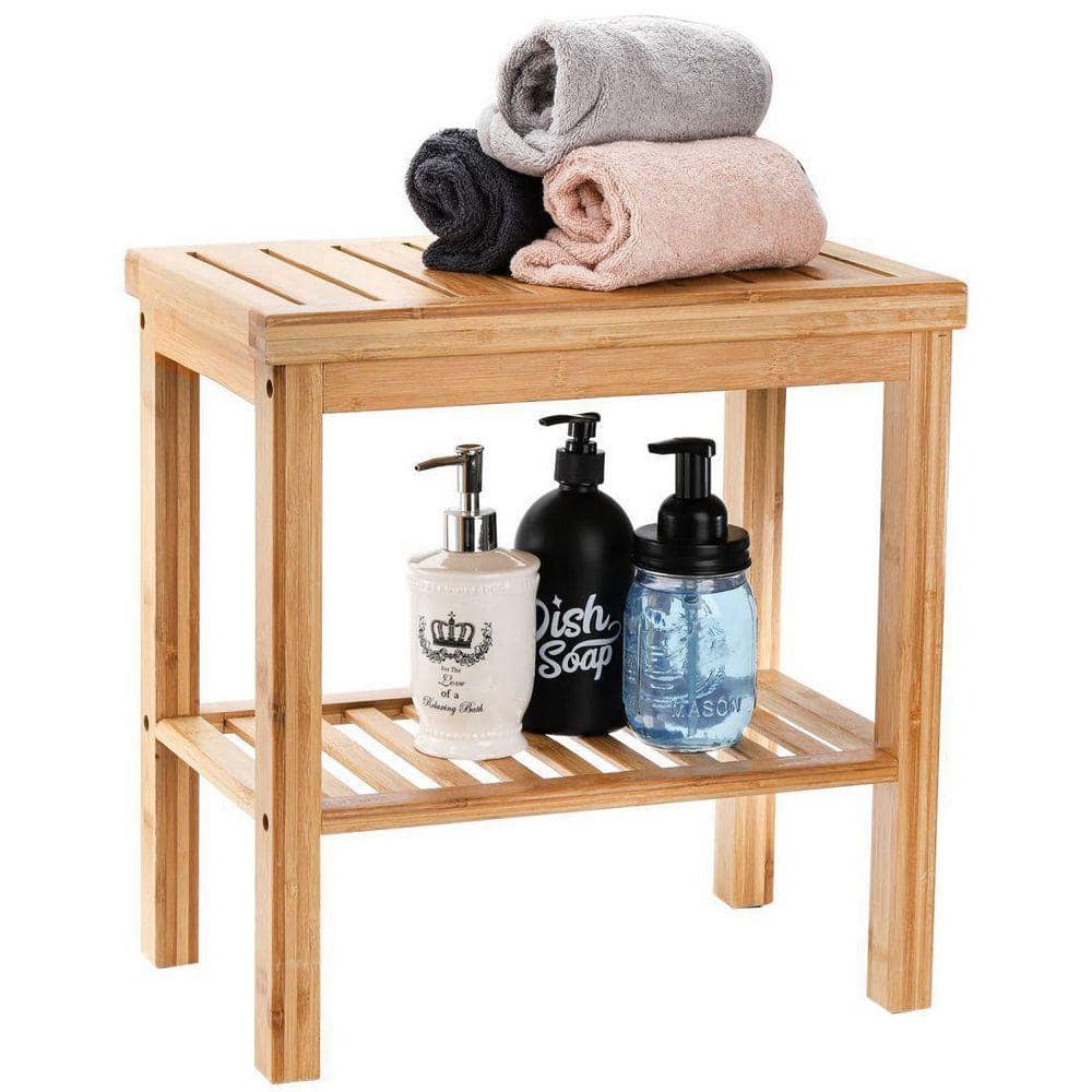 Dracelo 11 in. D x 16.5 in. W x 17.7 in. H Wood Bathroom Bamboo Shower Bench Seat with Storage Shelf (1)
