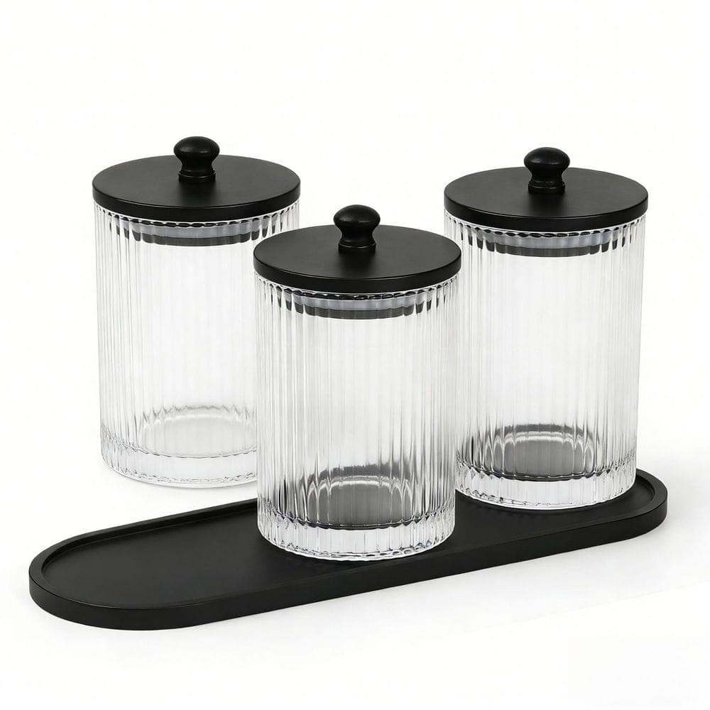 Wudkey 3-Pack Glass Bathroom Storage Jars with Black Lids and Tray, Qtip Holder Dispenser Set, Bathroom Vanity Organizers (1)