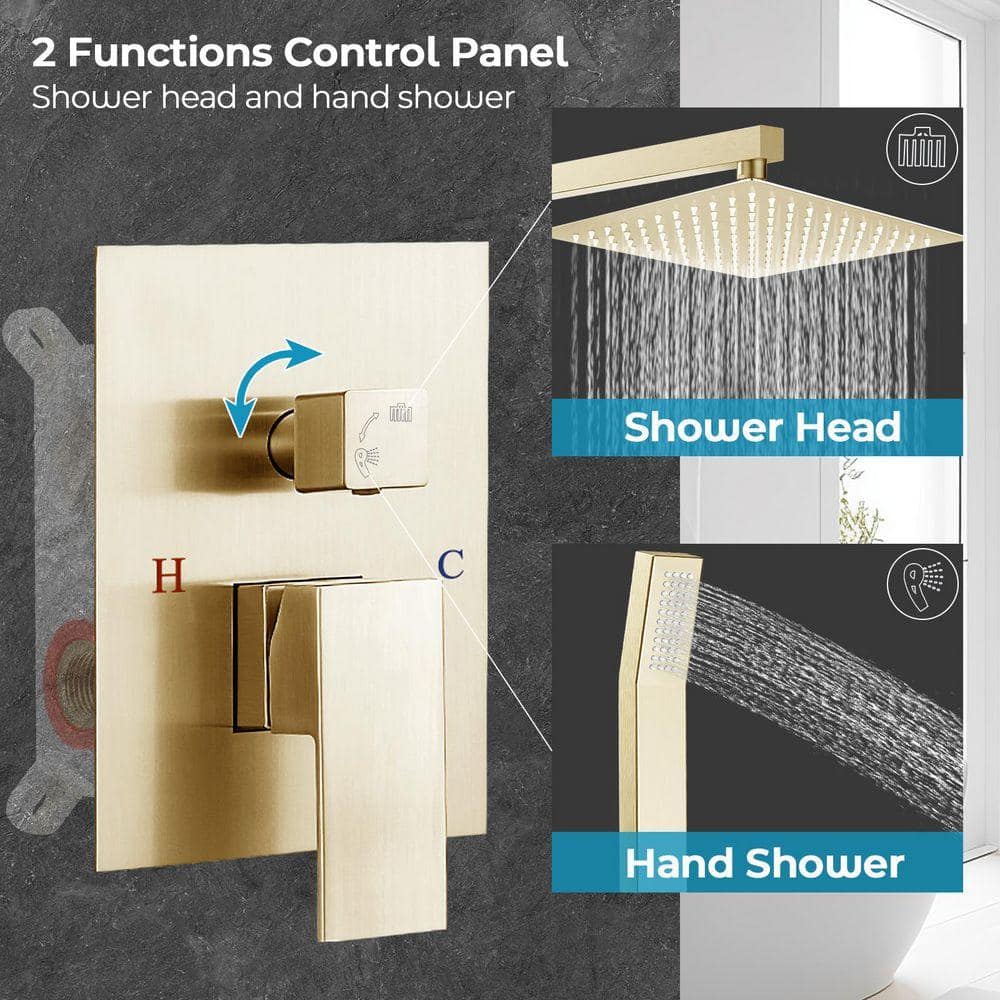 AKLFGN 1-Spray Square High Pressure 10 in. Shower Head with Brass Valve and Handheld Shower Brushed Gold (2)