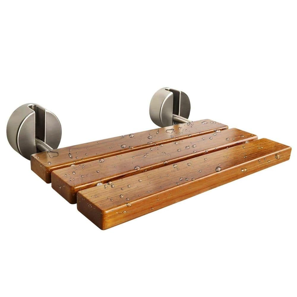 Wudkey 20 in. Teak Folding Shower Seat Wall Mounted, Folding Shower Bench with 400 lb. Weight Capacity (Metal Brushed Cover)