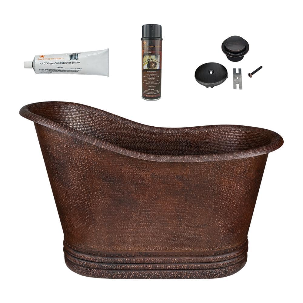Premier Copper Products 52 in. x 30 in. Small Hammered Copper Single Slipper Soaking Bathtub and Drain Package in Oil Rubbed Bronze (2)