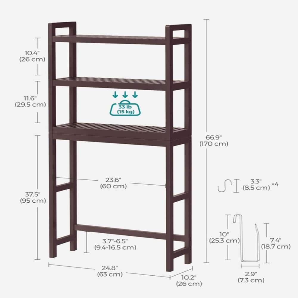 Whatseaso 24.8 in. W x 66.9 in. H x 10.2 in. D Brown Over The Toilet Storage with Adjustable Shelf (2)