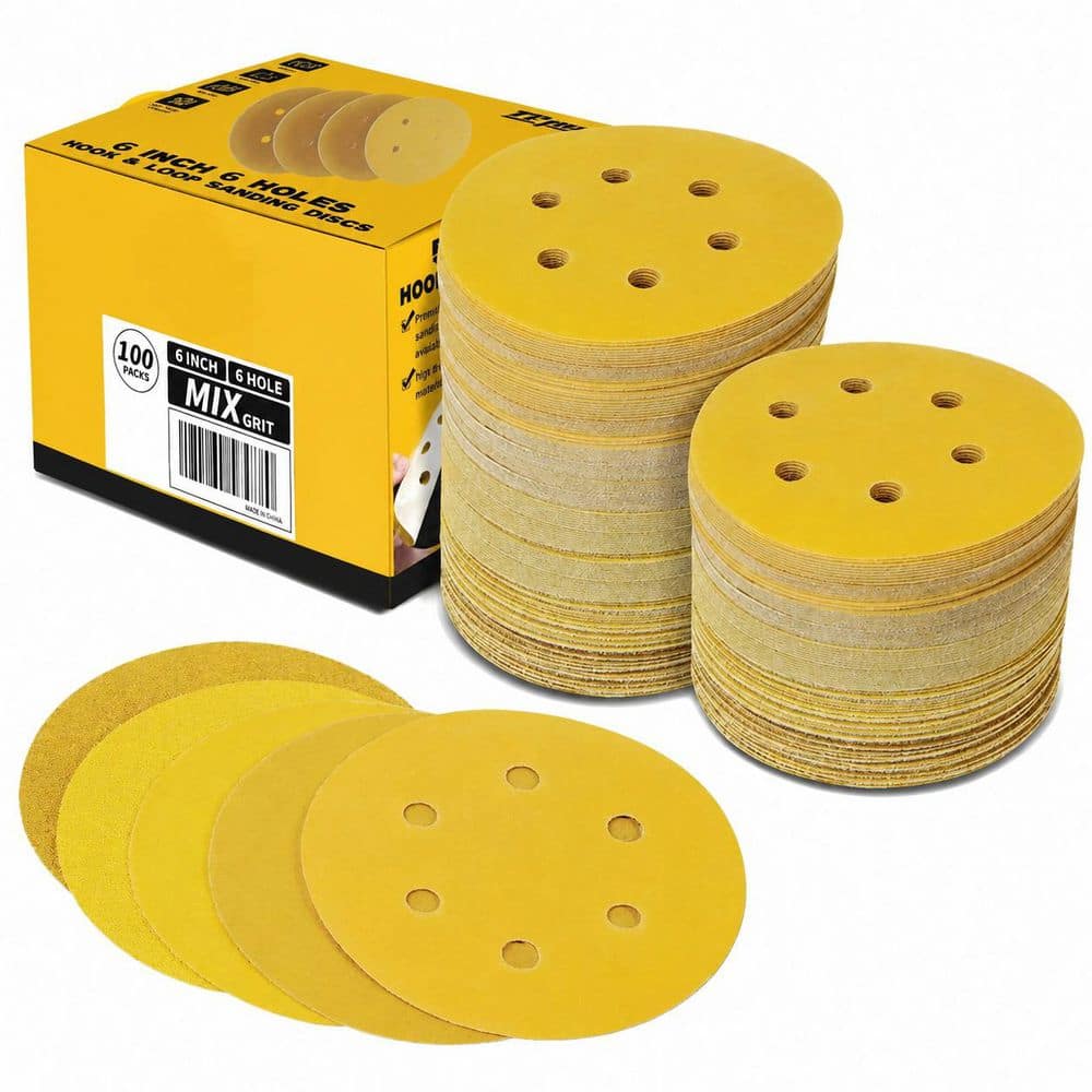 LAIFUCAM 6 in. 6 Hole Sanding Discs with Mixed 60, 80, 120, 220, 320 Grits Gold Coating Hook and Loop 100 Pack for Random Sander (1)