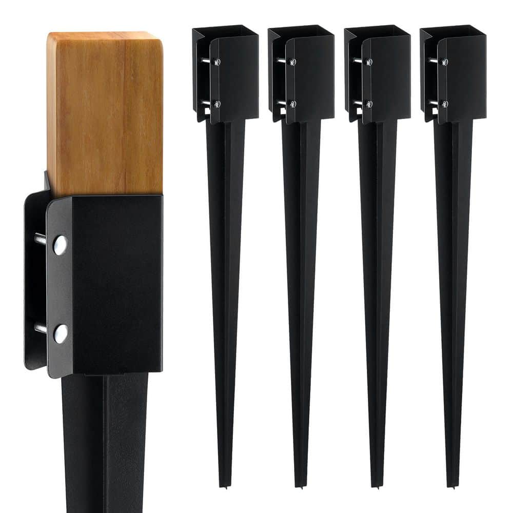 SKYSHALO Fence Post Anchor, 4 Pack, 36 x 4 x 4in. Outer Diameter, Black Powder Coated Metal Steel Ground Spike (1)
