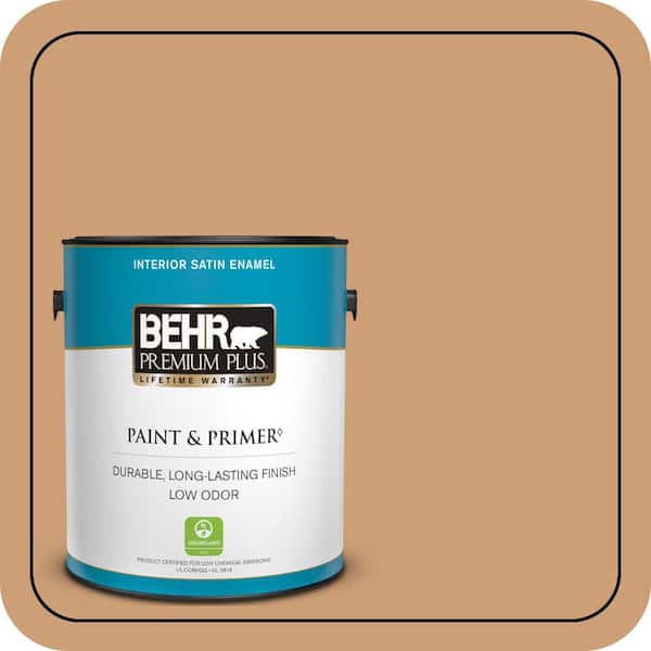 BEHR PREMIUM PLUS 1 gal. #S250-4 Fresh Croissant Satin Enamel Low Odor Interior Paint & Primer (2)