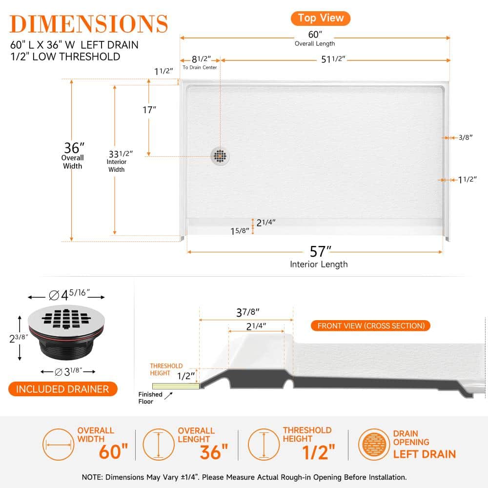 CRENRIDGE AVORA 60 in. L x 36 in. W Accessible Shower Pan Base with Left Drain Barrier Free Wheel Chair Access  in White (2)
