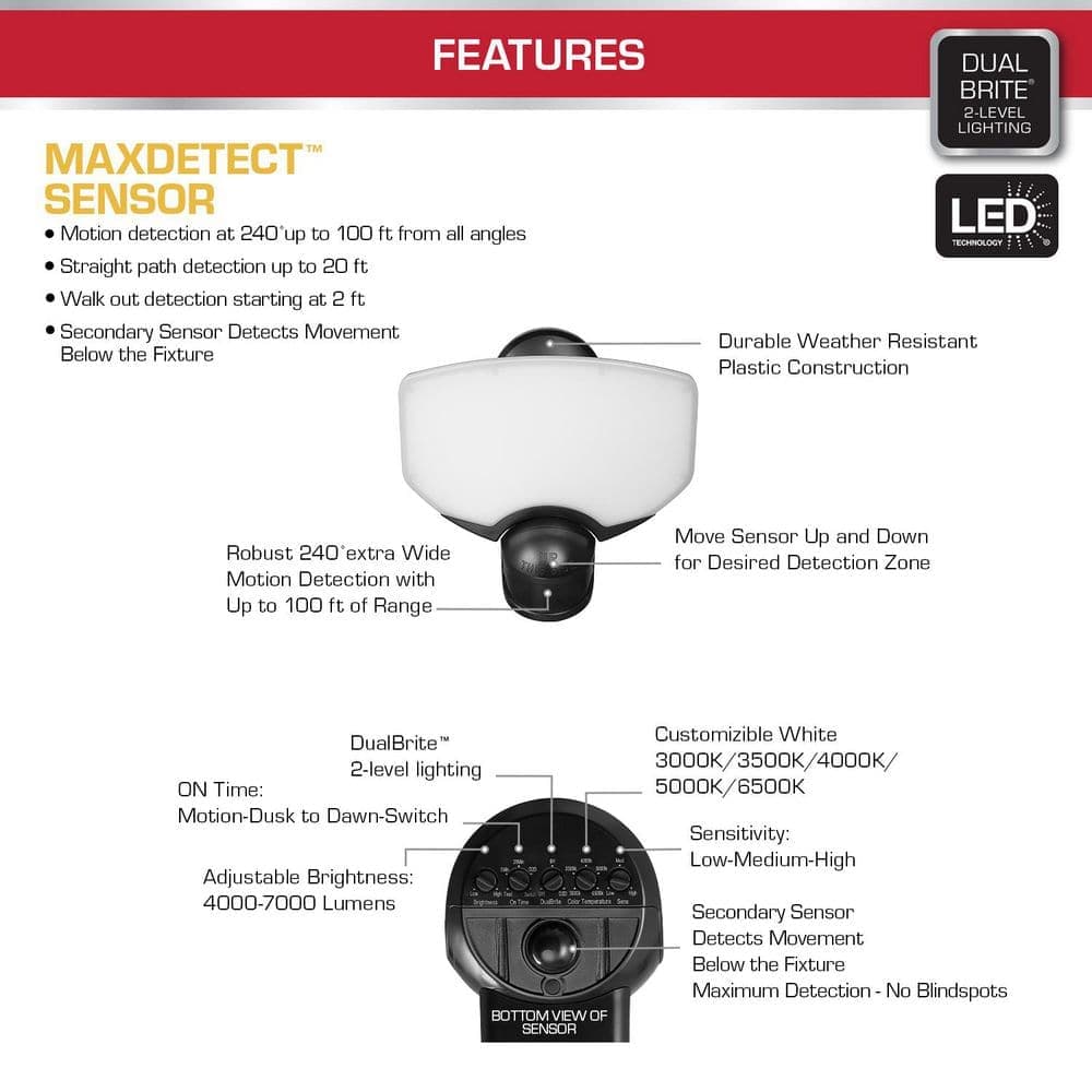 Defiant 65-Watt 7000 Lumen 240° Black Motion Sensing Integrated LED Super Bright Flood Light with 5CCT and Dual Brite (4)