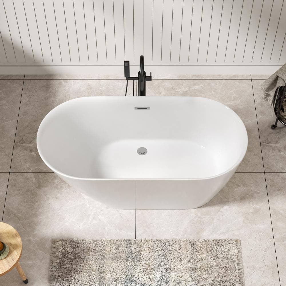 Kichae 59.06 in. x 29.53 in. Oval Freestanding Acrylic Bathtub White Contemporary Soaking Tub with Drain and Overflow (2)