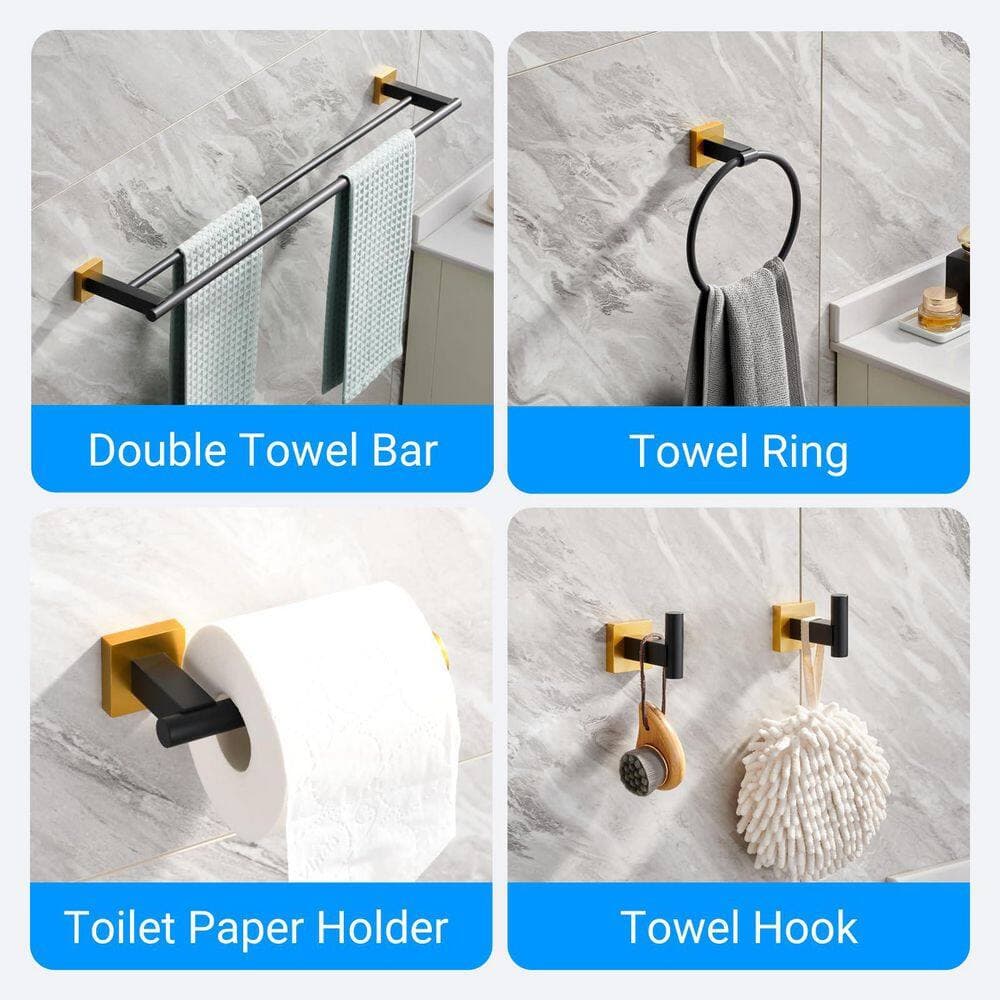 Anqtovp 5-Piece Bathroom Hardware Kit with Double Towel Bar, Toilet Paper Holder, Towel Ring, 2 Robe Hooks in Matte Black Gold (3)