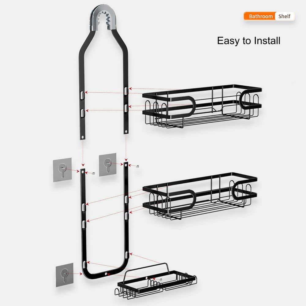 Utopia Alley KD Hanging Rust-Resistant Steel Shower Caddy Organizer with 3 Shelves, 2 Soap Holders and Adhesives, 24.4 in. Matt Black (2)
