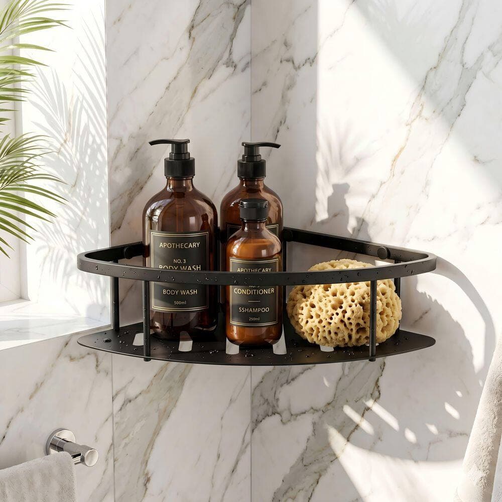 ruiling 2 Pack Stainless Steel Wall Mounted Corner Shower Caddy Corner Storage Shelf Triangular Shower Basket in Matte Black (2)
