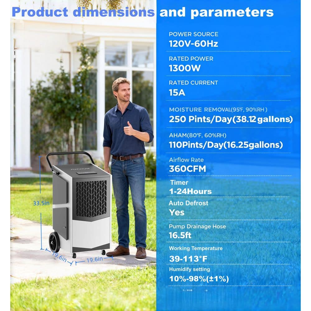Atemomen 250 pt. 8,000 sq.ft. Bucketless Commercial Dehumidifier in White with Move Conveninet, Built-in Pump Drainage, Low Noise (2)