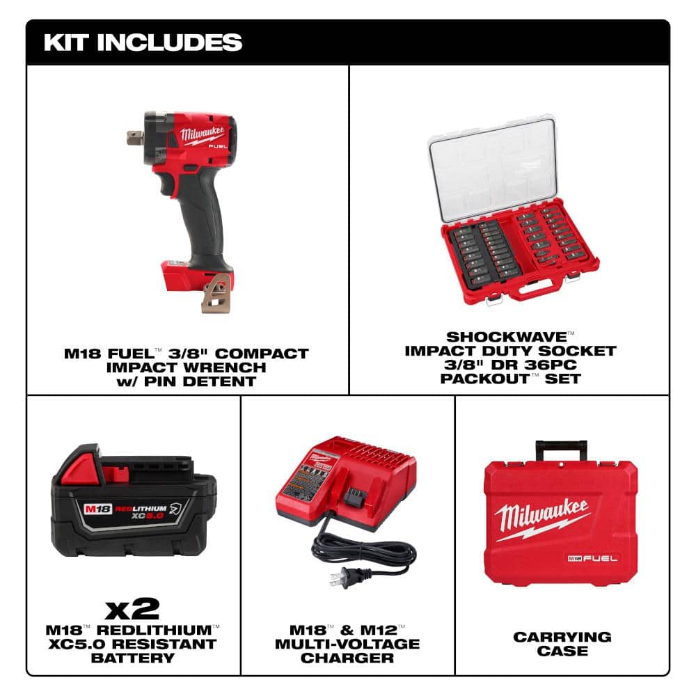 Milwaukee M18 FUEL 18V Lith-Ion Brushless Cordless . Compact Impact Wrench Kit with Resistant Batteries & Impact Socket Set (2)
