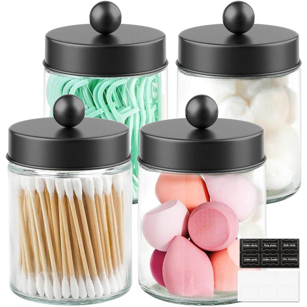 KHKFY 4-Pack Glass Apothecary Storage Jars with Lids and Labels for Cotton Swabs and Bathroom Decor in Black (1)