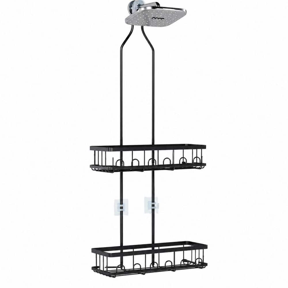 Anqtovp Hanging Over Shower Head Adjustable Rust-Resistant Stainless Steel Shower Caddy in Black with Baskets Hooks Soap Dish