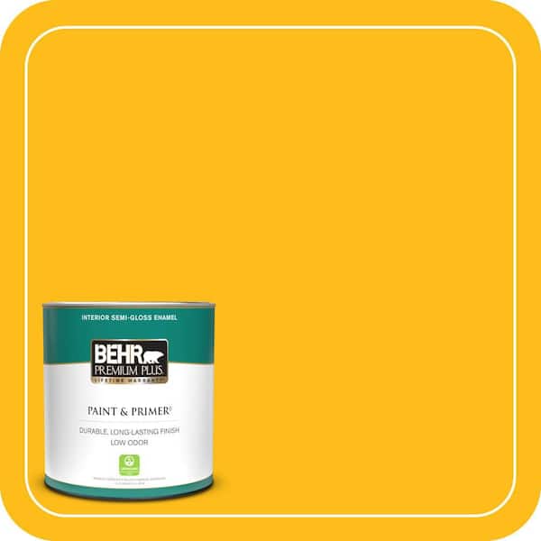 BEHR PREMIUM PLUS 1 qt. #P290-7 Laser Lemon Semi-Gloss Enamel Low Odor Interior Paint & Primer (2)