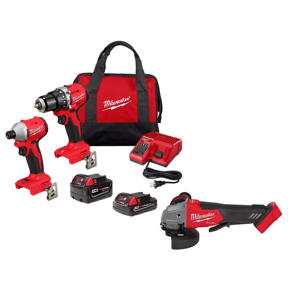 Milwaukee M18 18-Volt Lith-Ion Brushless Cordless Compact Hammer Drill/Impact Combo Kit with (2) Batteries & M18 FUEL Grinder