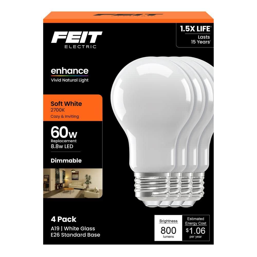 Feit Electric 60-Watt Equivalent A19 Dimmable Filament CEC 90 CRI White Glass E26 Medium LED Light Bulb, Soft White 2700K (4-Pack) (4)