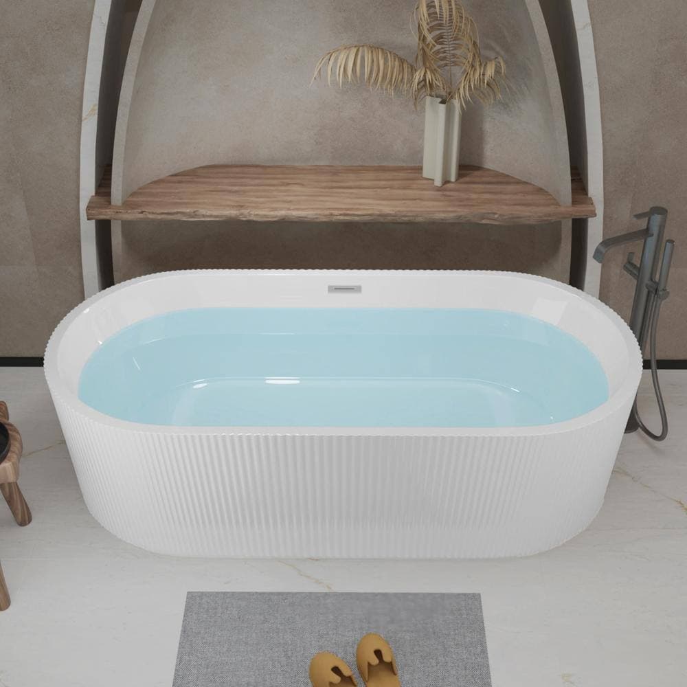 TCYO 59 in. x 30 in. Acrylic Freestanding Soaking Bathtub with Center Drain in Gloss White (2)
