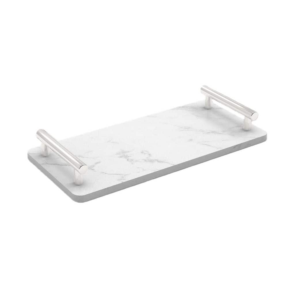 Wudkey Freestanding Bathroom Tray with Handles in Silver, Marble Slab Napkin Holder for Bathroom Vanity Kitchen Countertop