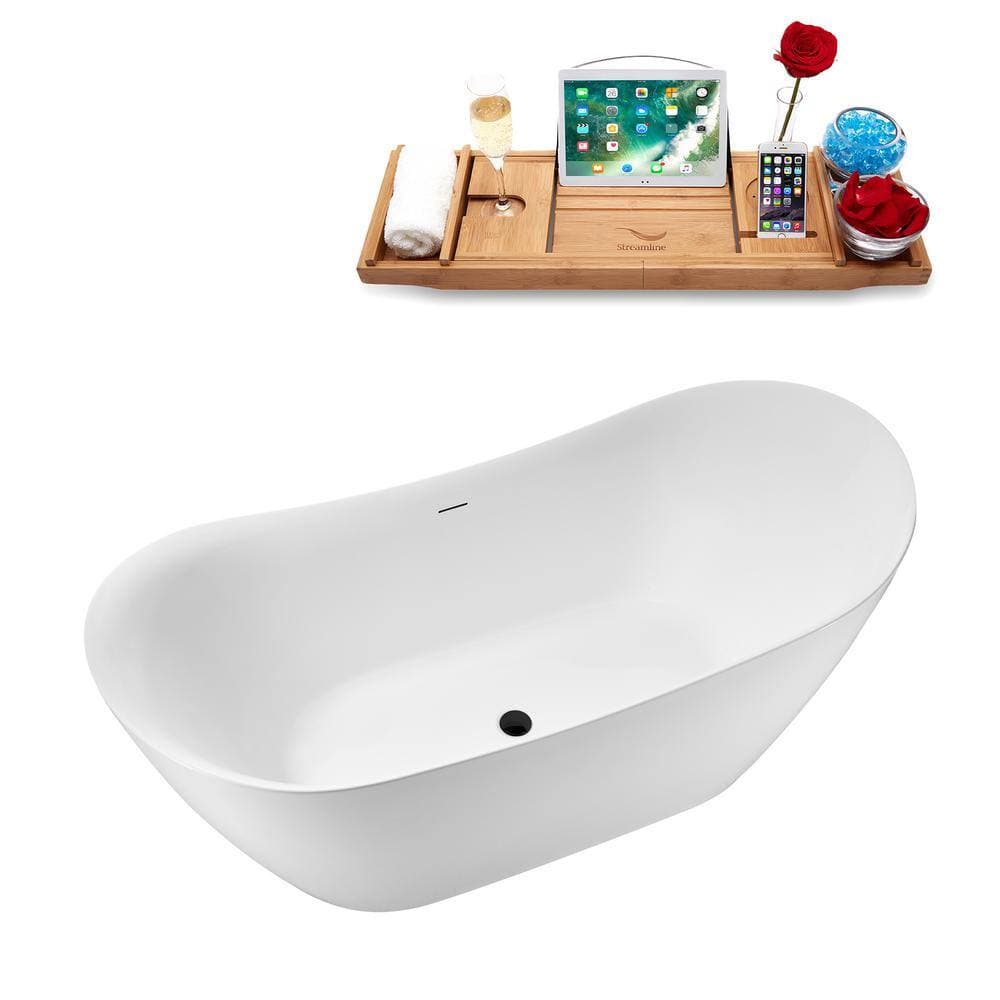Streamline 68 in. 30 in. Acrylic Freestanding Soaking Bathtub Glossy White with Matte Black Drain, Bamboo Tray (4)