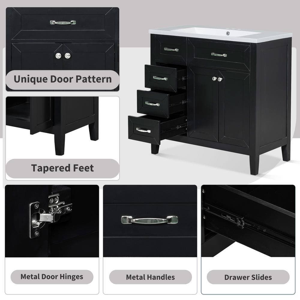 Unbranded 35.5 in. W x 17.7 in. D x 35 in. H Bath Vanity Cabinet without Top in Black with Drawers, Solid Frame and MDF Board (2)