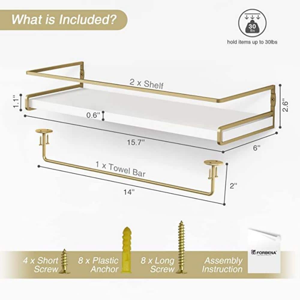 Dyiom Floating Shelves Bathroom Shelves Over Toilet Set of 2, Decorative Wall Shelves for Bathroom with Gold Towel Bar (1)