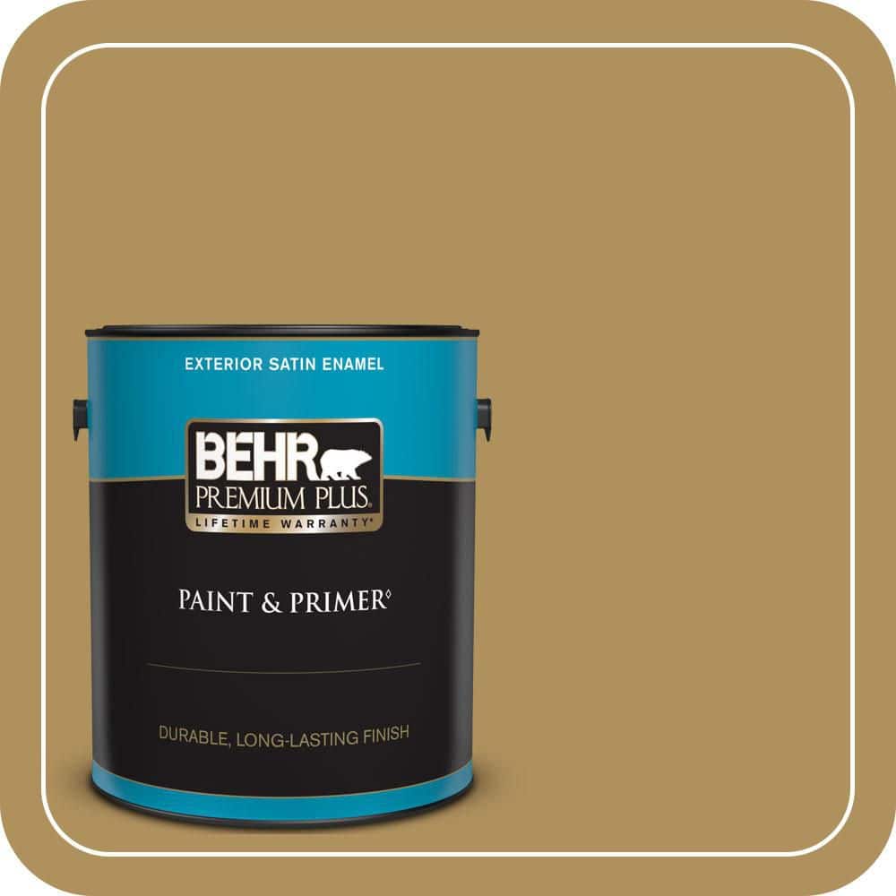 BEHR PREMIUM PLUS 1 gal. #S310-5 Brazilian Citrine Satin Enamel Exterior Paint & Primer