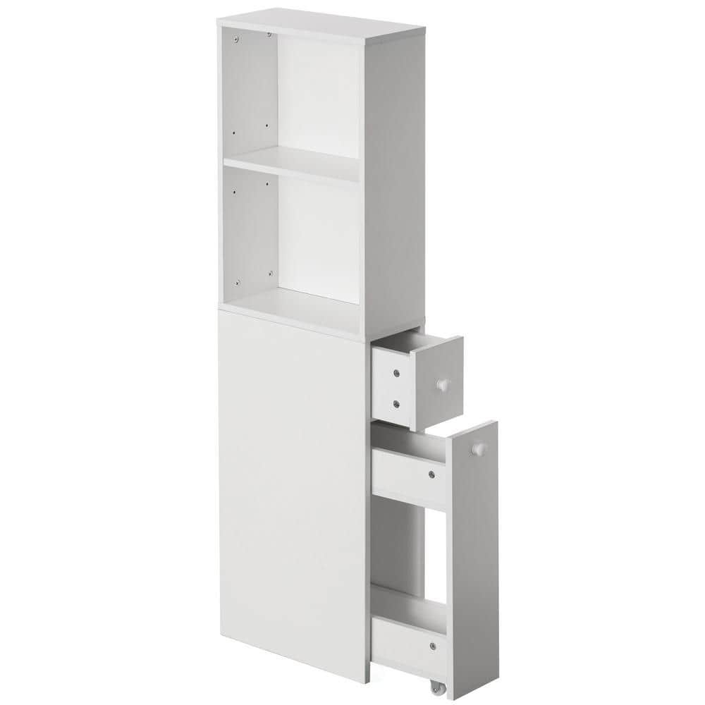 Basicwise Bathroom Cabinet 15.5 in. W x 7 in. D x 53 in. H White Wooden Linen Cabinet with Storage Drawer and Adjustable Shelf