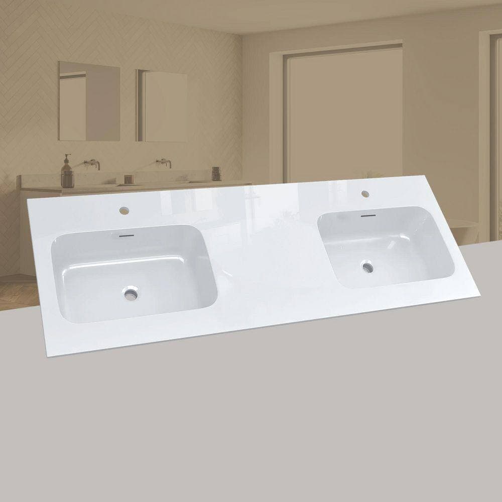NTQ 60 in. W x 22 in. D Rectangular Double Sink Bathroom Vanity Top White Solid Surface Resin Vanity Top in Glossy White (2)