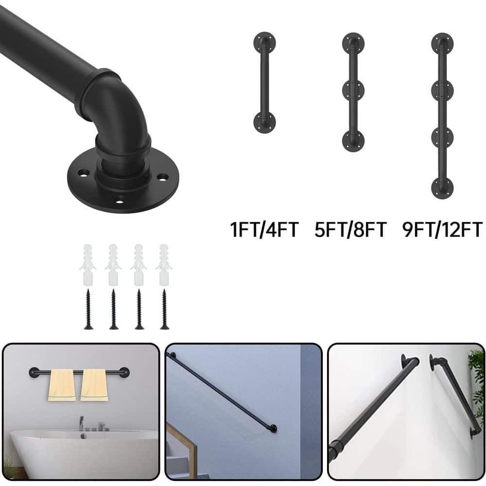 Unbranded 12 ft Matte Black Metal Carbon Steel Handrail Indoor Outdoor Stair Railing Powder Coated Safety Wall Mount (3)