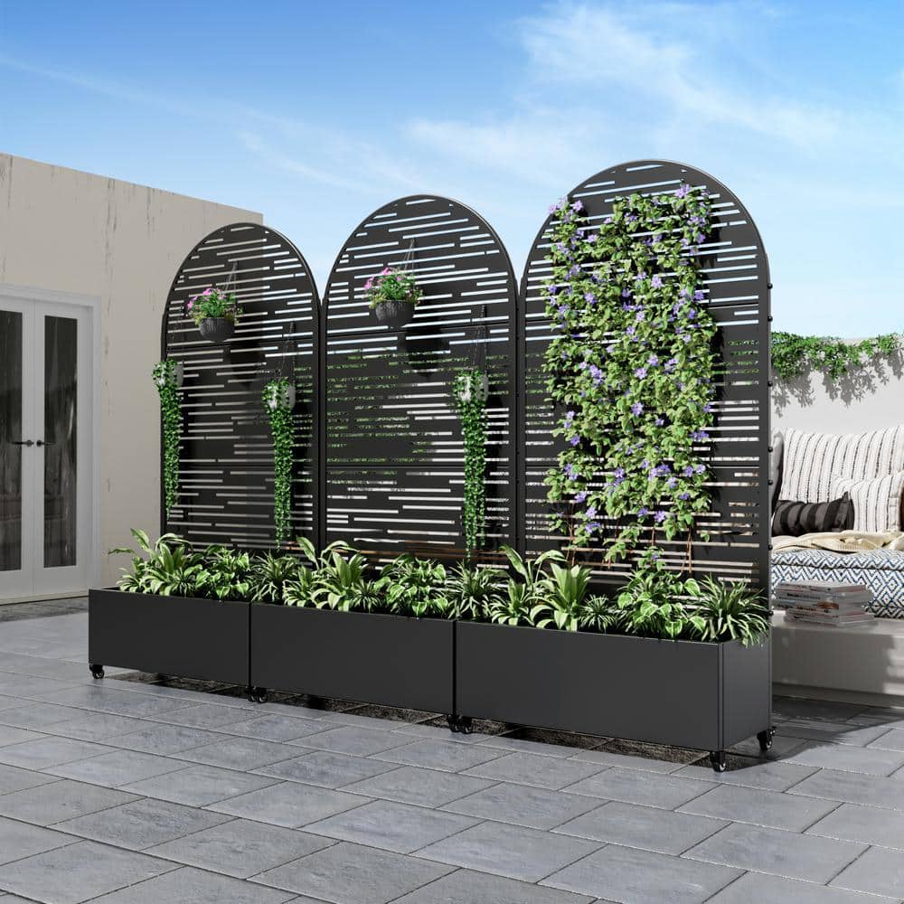 Unbranded 72 in. x 35 in. Arch Black Outdoor Metal Privacy Screen Raised Planter Box Wall Decor (3)