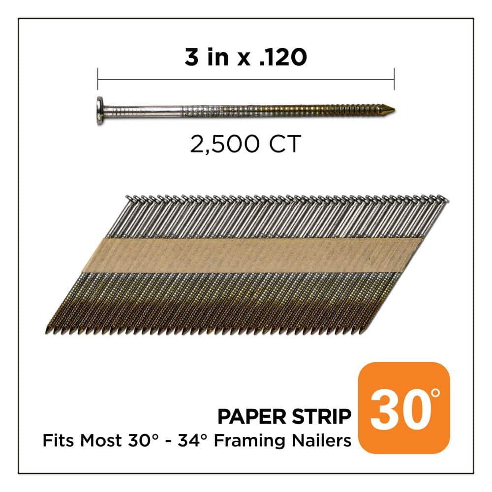 PRO-FIT 3 in. x 0.120 30° Bright Finish Ring Shank Paper Tape Framing Nails (2500-Per Box) (2)