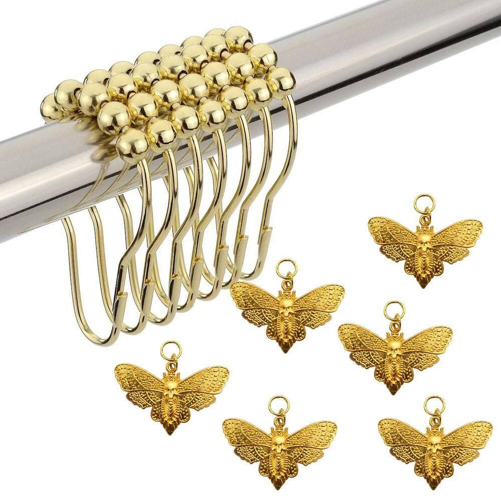 KHKFY Gold Skull Death Moth Stainless Steel Rustproof Shower Curtain Hooks Halloween Decor Rings (Set of 12) (2)
