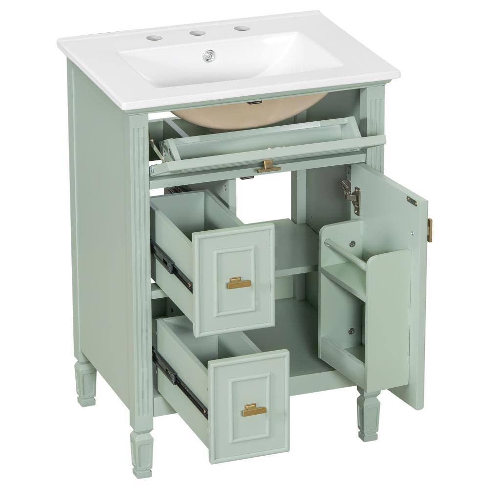 Unbranded Green 24in Bathroom Vanity with Sink One Flip Drawer and Two Drawers for Bathroom (3)