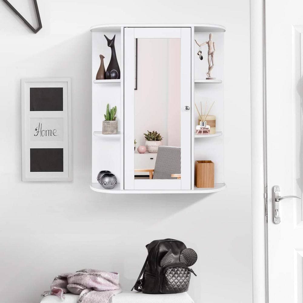 Bunpeony 23.5 in. W x 6.5 in. D x 28 in. H Single Door Shelves Bathroom Storage Wall Cabinet in White with Mirror (2)