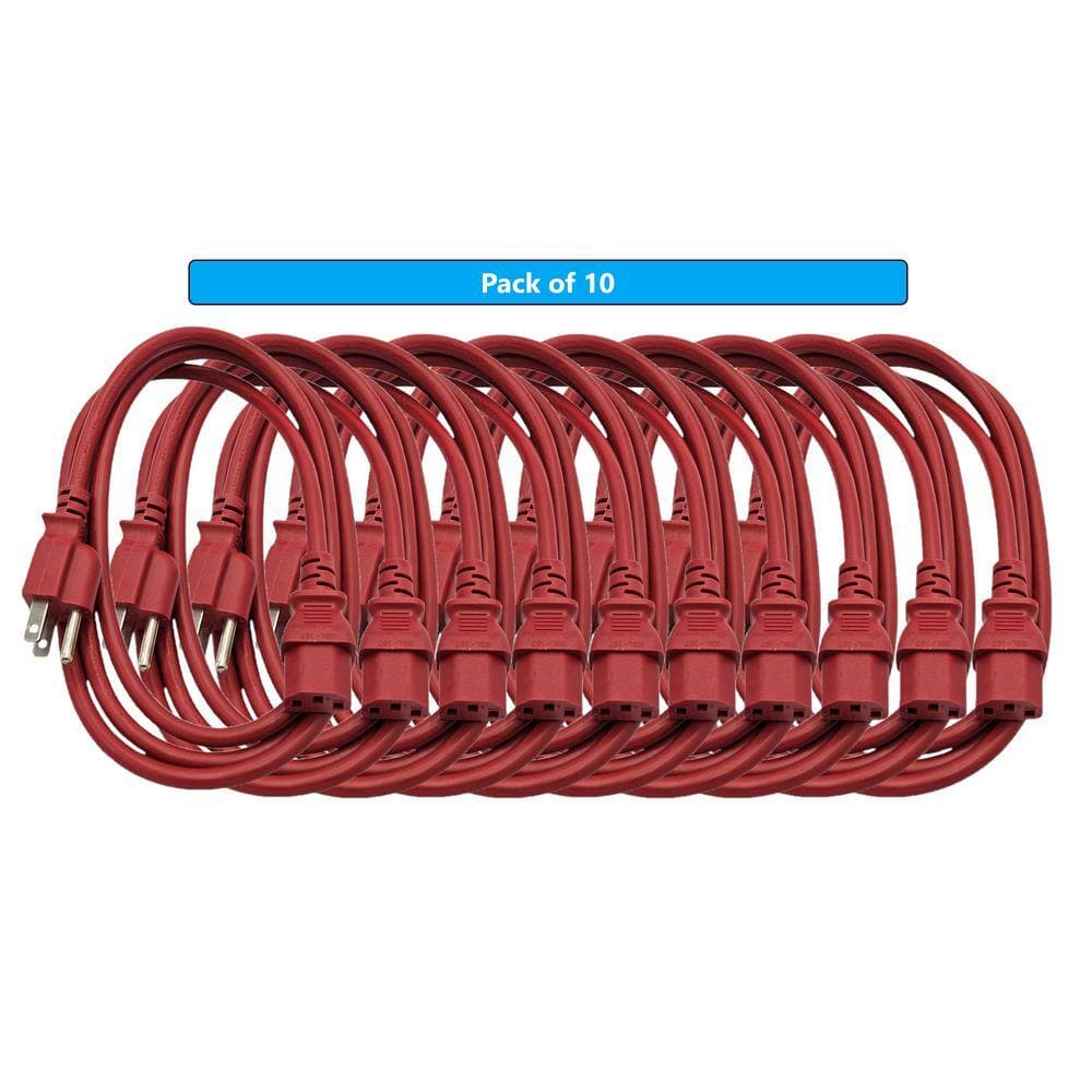 Micro Connectors, Inc 6 ft. Universal AC Power Cord UL Approved NEMA 5-15P to C13 18 AWG / 3-Conductors Indoor Red (10-Pack) (2)