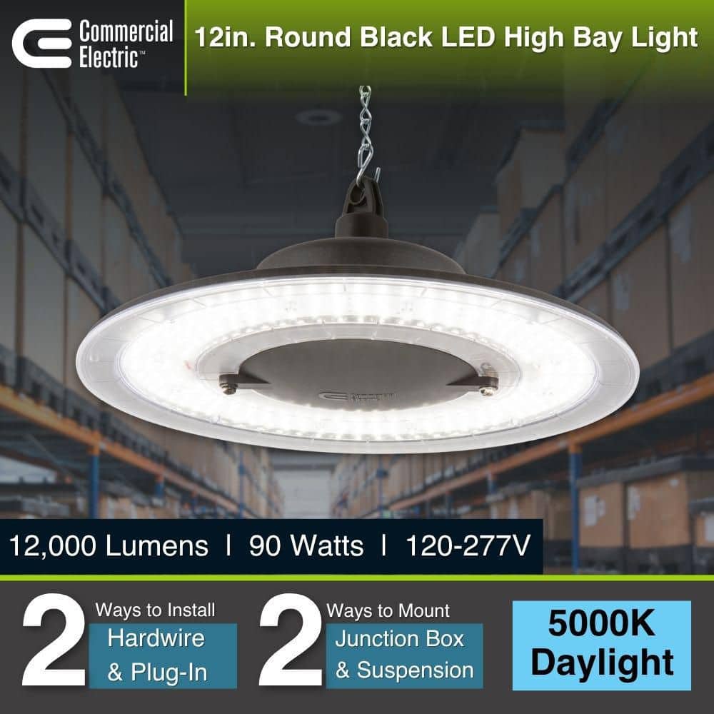 Commercial Electric 12 in. 12000 Lumen Round Black LED High Bay Light, 5000K, Thin Profile, 120-277V, Hardwire or Plug-in, Garage Light (4)