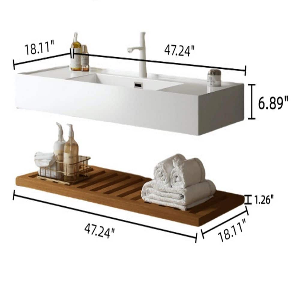 Boyel Living 48 in. Wall Mounted Bathroom Sink Floating White Rectangular Acrylic Integrated Basin, Dark Walnut Striped Shelves Layer (3)