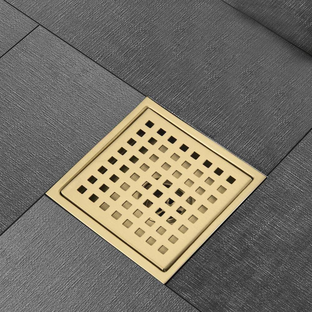 Magic Home 5.9 in. x 5.9 in. Stainless Steel Square Shower Drain with Strainer in Gold (3)