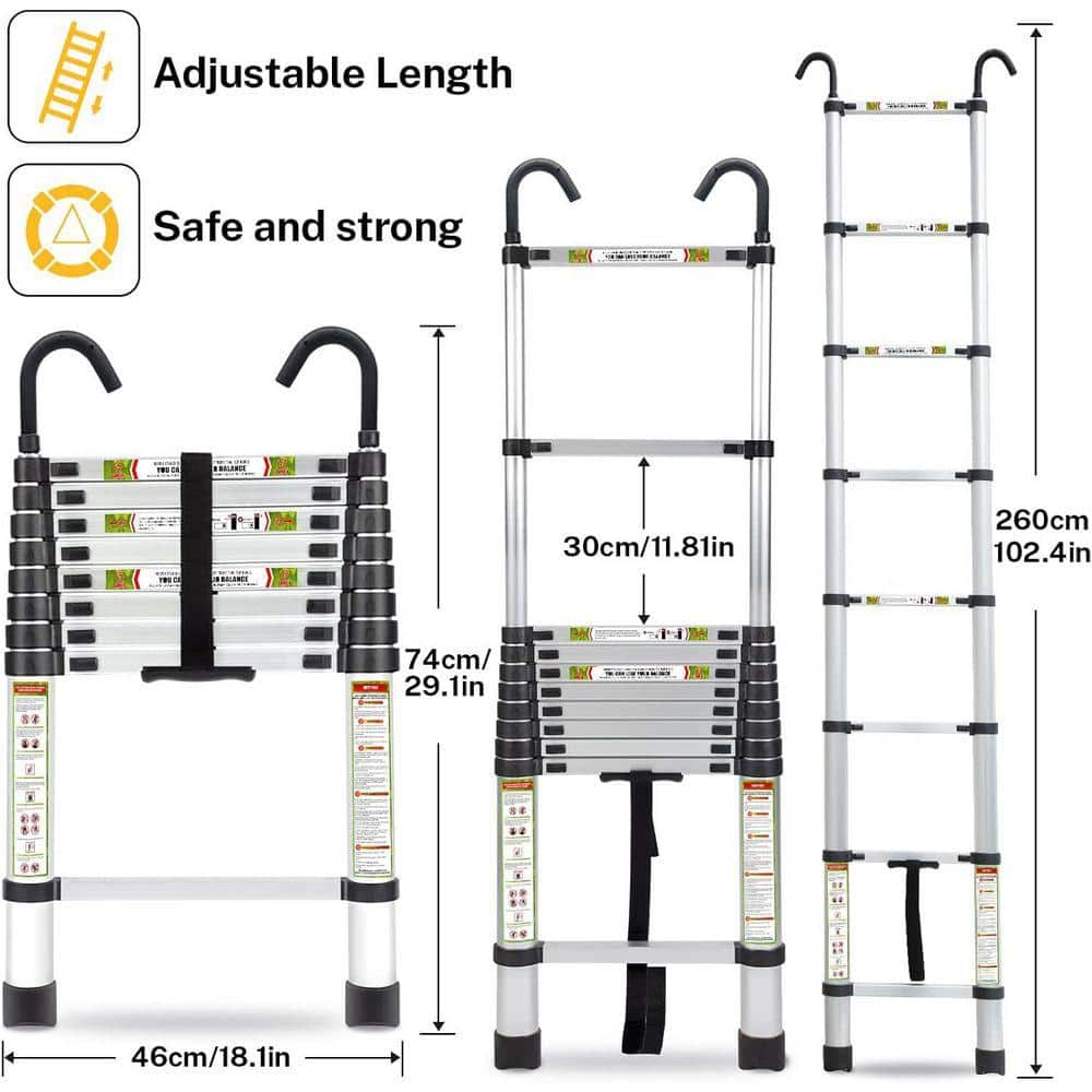 KIWDZFU 8.5FT Aluminum Telescoping Ladder with Non-Slip Feet, Stable Hook, 330lb Capacity (2)