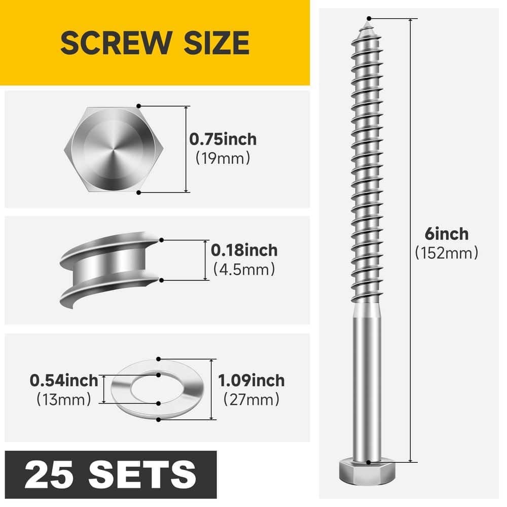 MYWISH 1/2 in. x 6 in. Stainless Steel Hex Drive Hex Head Lag Screws with Washers (25-Pack) (2)