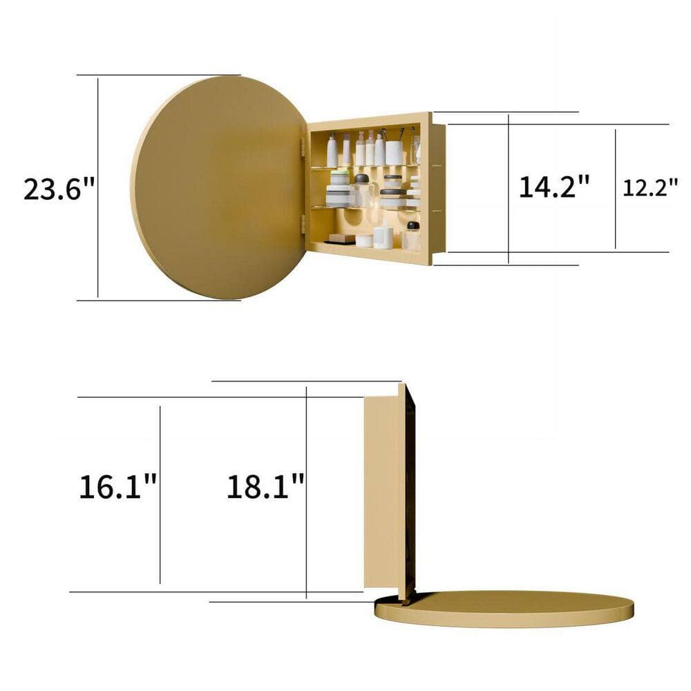 Wudkey 1-Piece 23.6 in. Mount Round Metal Framed Medicine Cabinet Bath Accessory Set with Mirror and Adjustable Shelves in Gold (2)