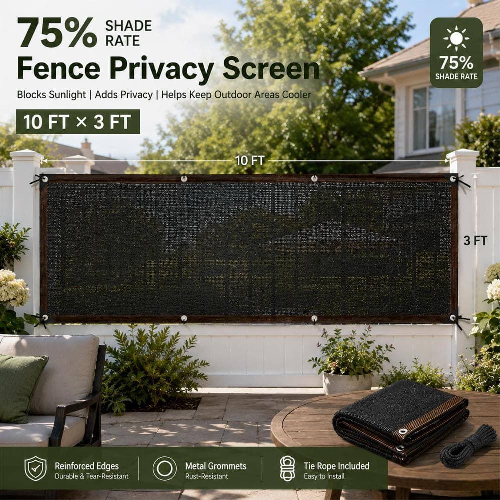 Unbranded 3 ft. x 10 ft. Fence Privacy Screen, 75% Shade Mesh Panel Cover for Balcony, Deck, Backyard, Pool and Patio, Black (3)