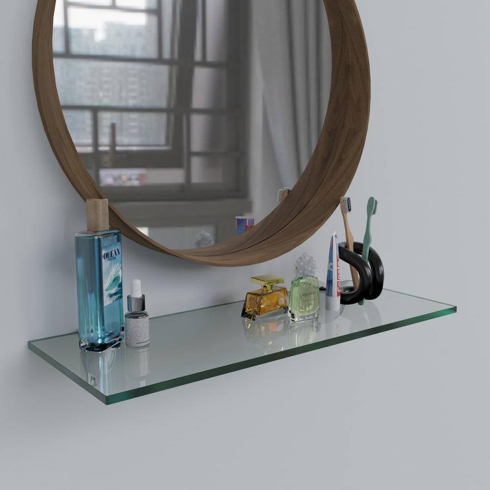 Fab Glass and Mirror 27 in. D 0.37 in. H 4-3/4 in. W. Floating Wall Mount Clear Glass Rectangular Shelf Chrome Brackets (2)