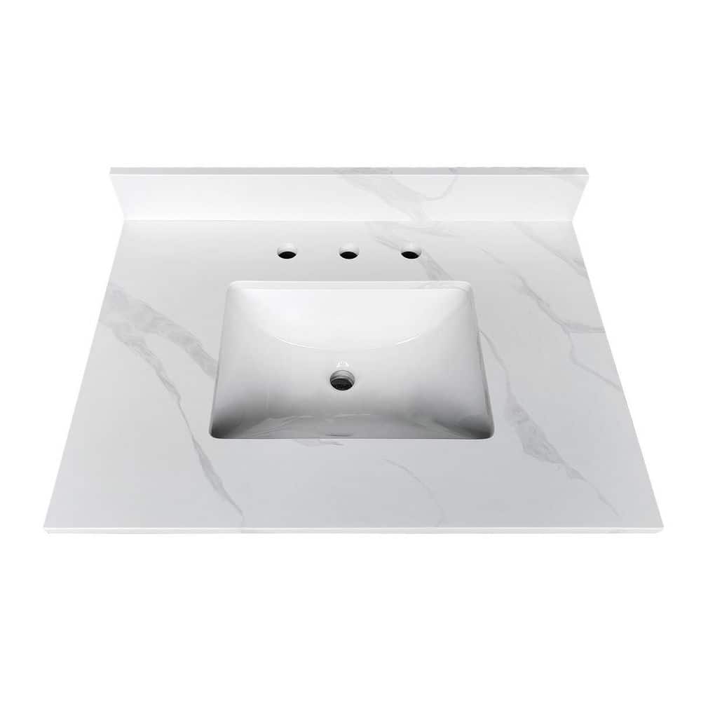 LIVACA 31 in. x 22 in. Drop-In Bathroom Sink in Carrara White Quartz with Undermount Single Bowl, 4 in. Backsplash and 3 (1)