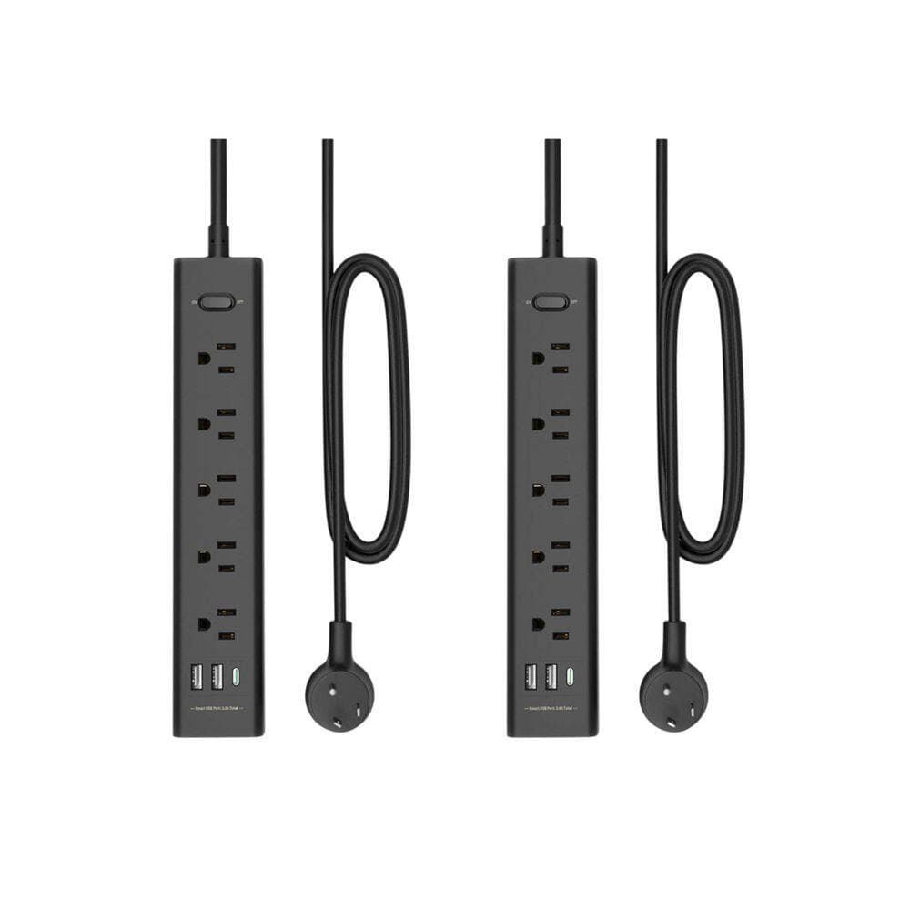 Unbranded 10 ft. Cord 5-Outlet 2-USB-A Ports 1-USB-C Port Surge Protector with Overload Protection, Flat Plug, 700J, Black, 2 Pack