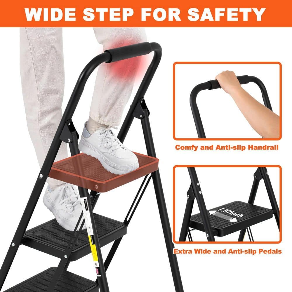 maocao hoom Black 4 ft. Reach Metal Step Stool, 4-Step Foldable Non-Slip Ladder, 550 lb. Load Capacity for Home, Kitchen, Office (3)